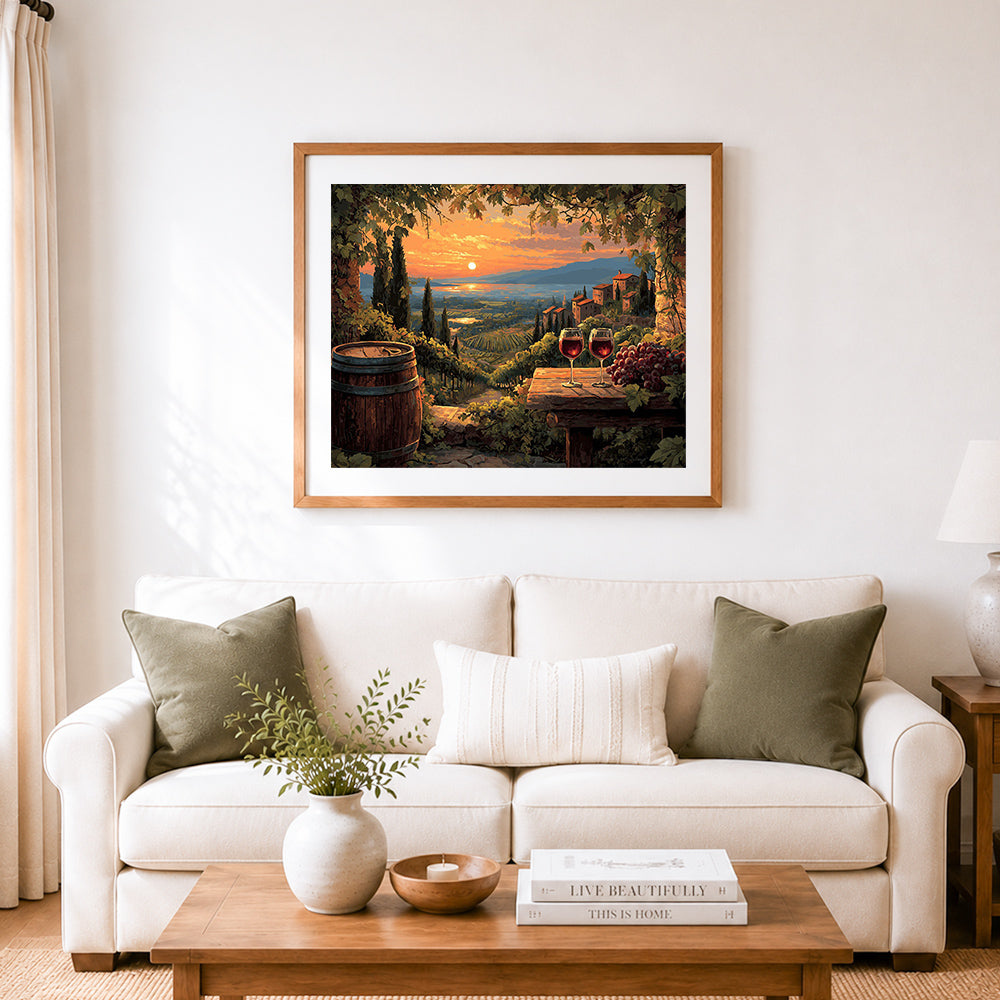 Finished vineyards and red wine at sunset cross stitch artwork displayed as home decor