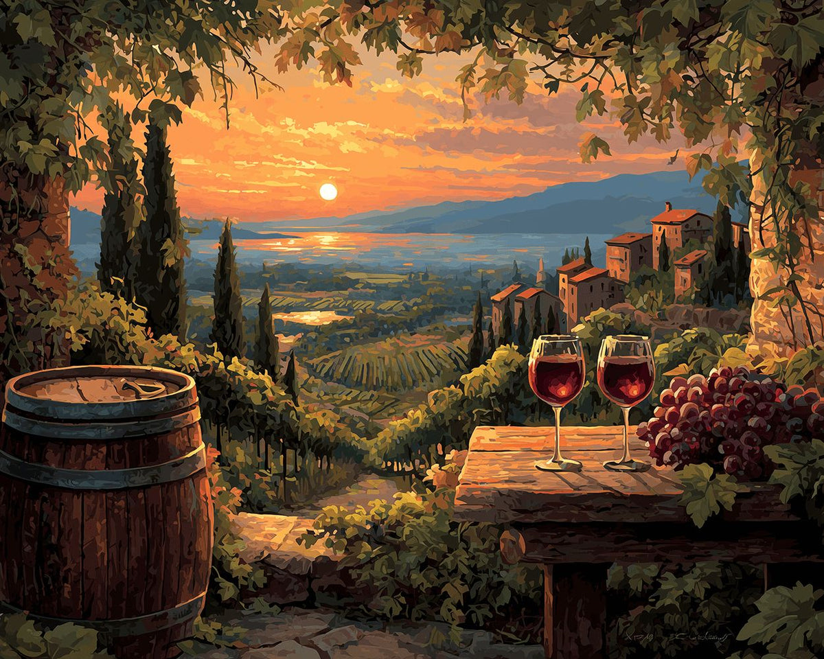 Vineyards and red wine at sunset cross stitch kit for beginners