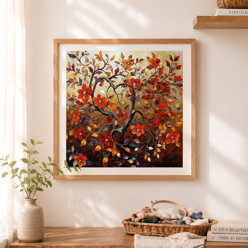 Finished vintage autumn blooming tree cross stitch artwork displayed as home decor