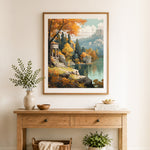 Finished vintage autumn lake pavilion cross stitch artwork displayed as home decor