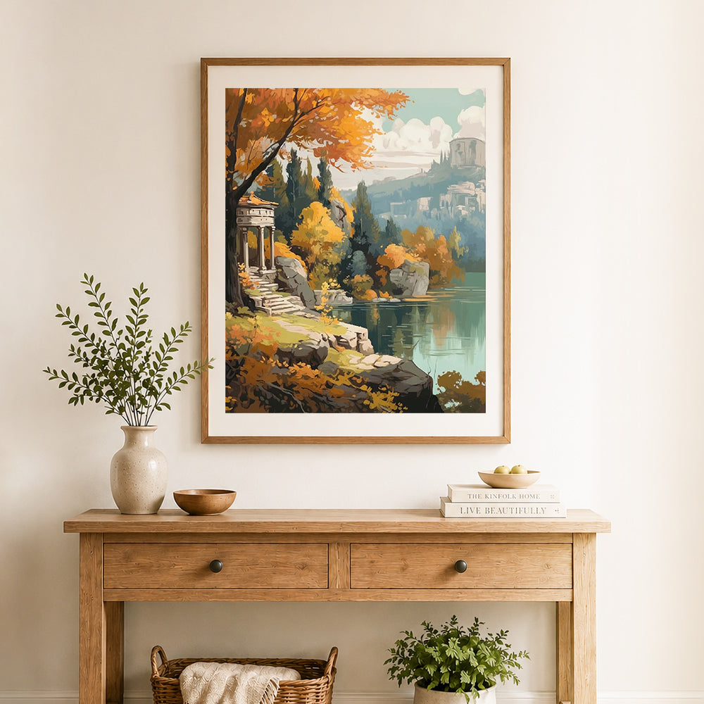 Finished vintage autumn lake pavilion cross stitch artwork displayed as home decor