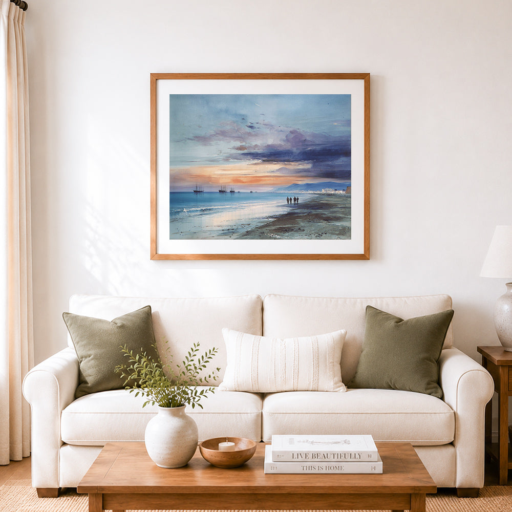 Finished vintage beach twilight cross stitch artwork displayed as home decor
