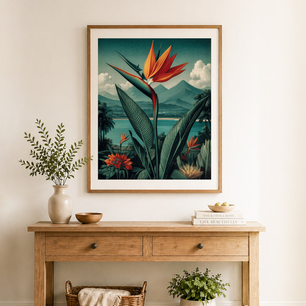 Finished vintage bird of paradise cross stitch artwork displayed as home decor