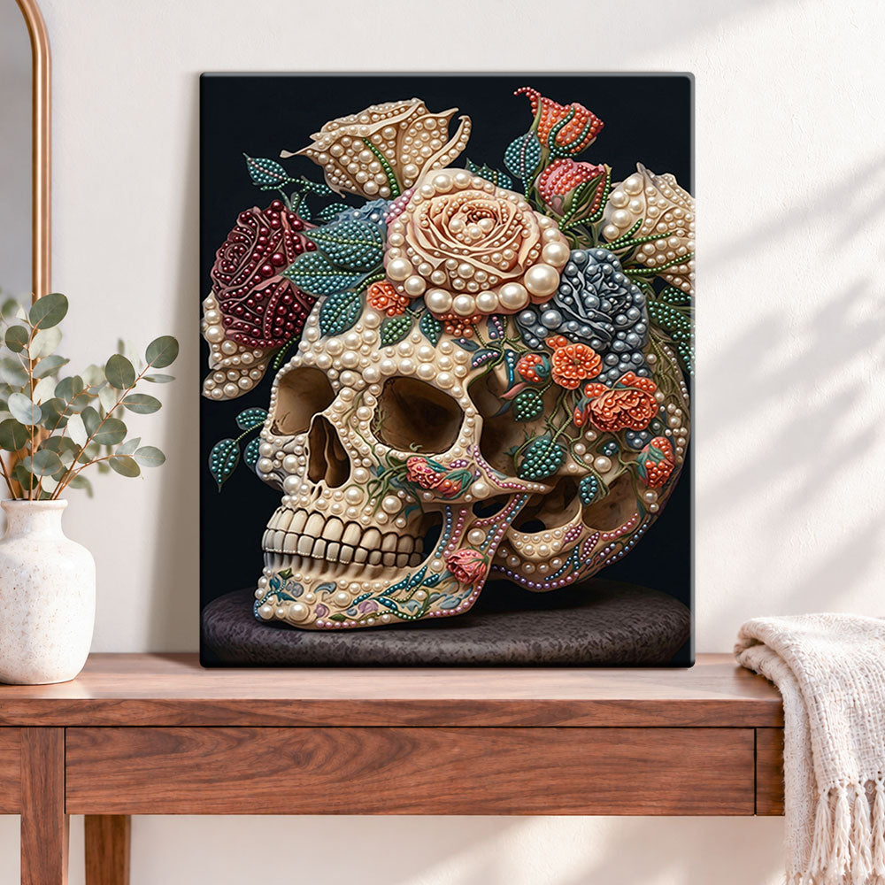 Finished vintage bloom skull pearl diamond painting artwork displayed as home decor