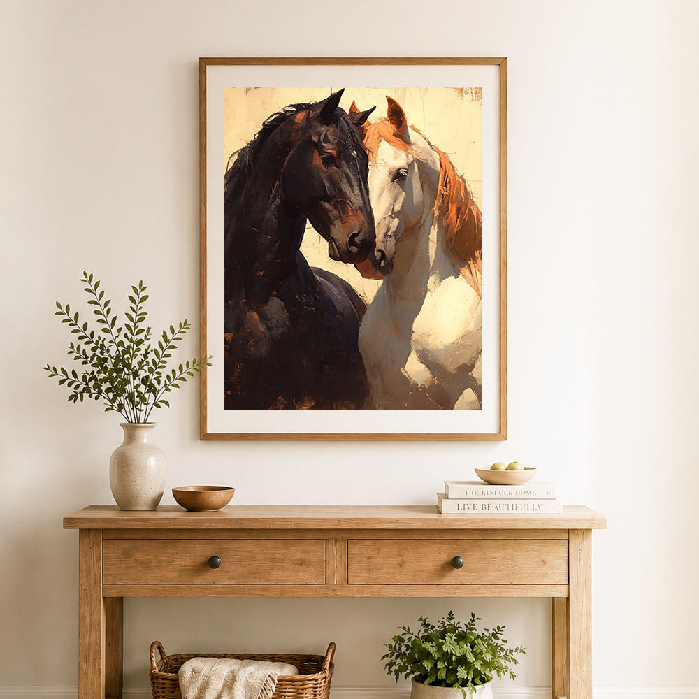 Finished vintage bonded horses cross stitch artwork displayed as home decor