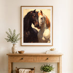 Finished vintage bonded horses paint by numbers artwork displayed as home decor