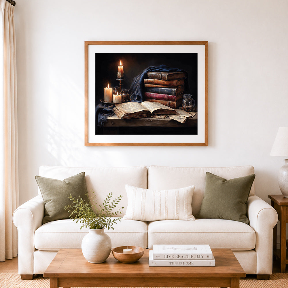 Finished vintage books and candles cross stitch artwork displayed as home decor