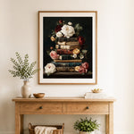 Finished vintage books with roses and peonies cross stitch artwork displayed as home decor