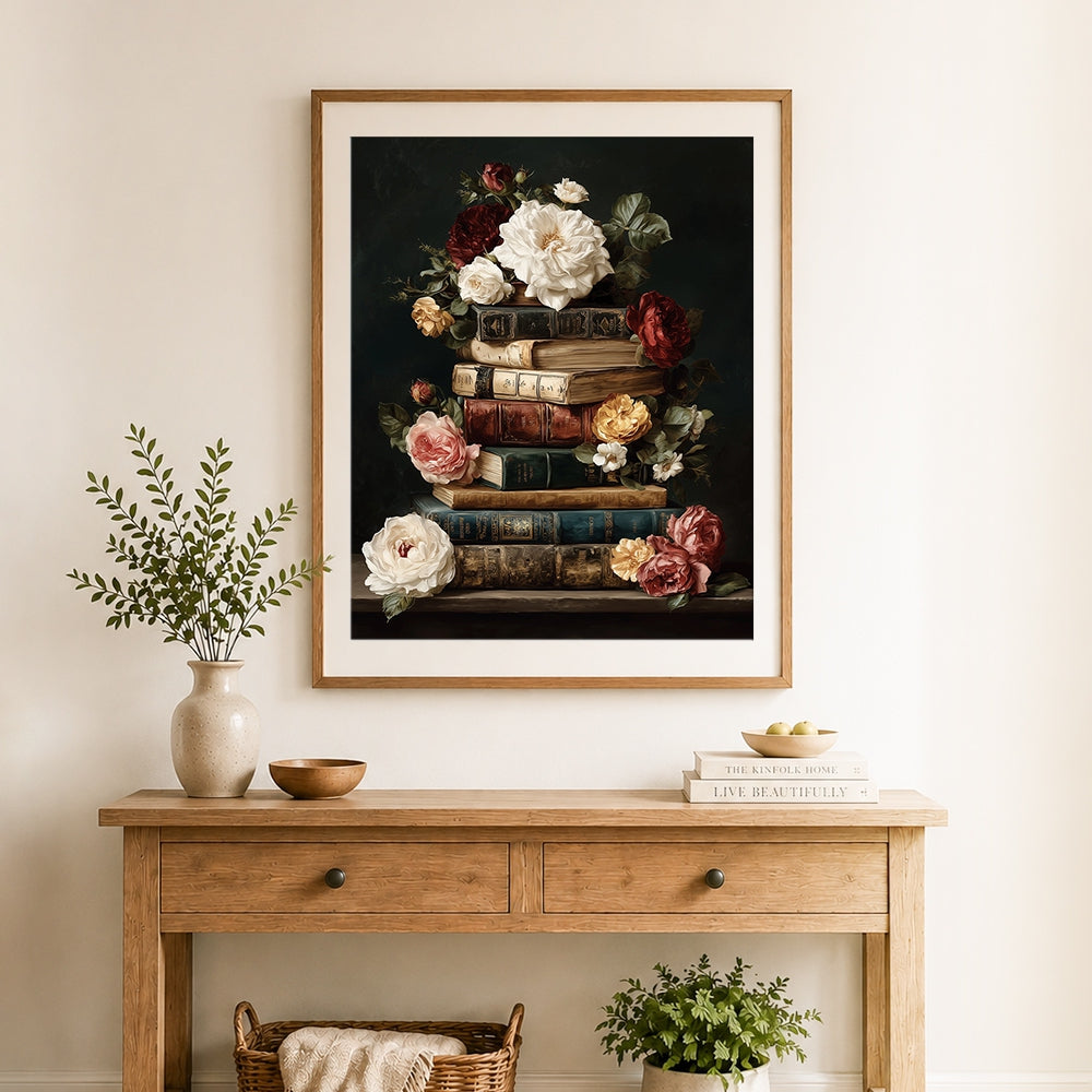 Finished vintage books with roses and peonies cross stitch artwork displayed as home decor