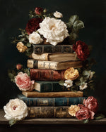 Vintage books with roses and peonies cross stitch kit for beginners