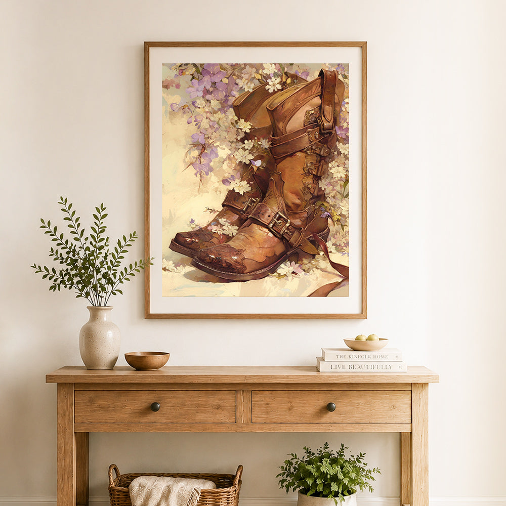 Finished vintage boots and wildflowers cross stitch artwork displayed as home decor