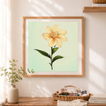 Finished vintage botanical lily illustration cross stitch artwork displayed as home decor