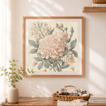 Finished vintage botanical pale pink peonies cross stitch artwork displayed as home decor