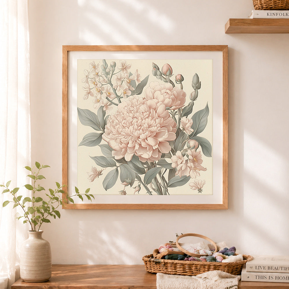 Finished vintage botanical pale pink peonies cross stitch artwork displayed as home decor
