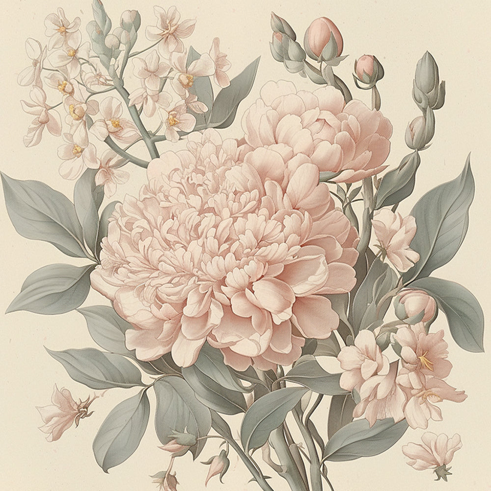 Vintage botanical pale pink peonies cross stitch kit for beginners