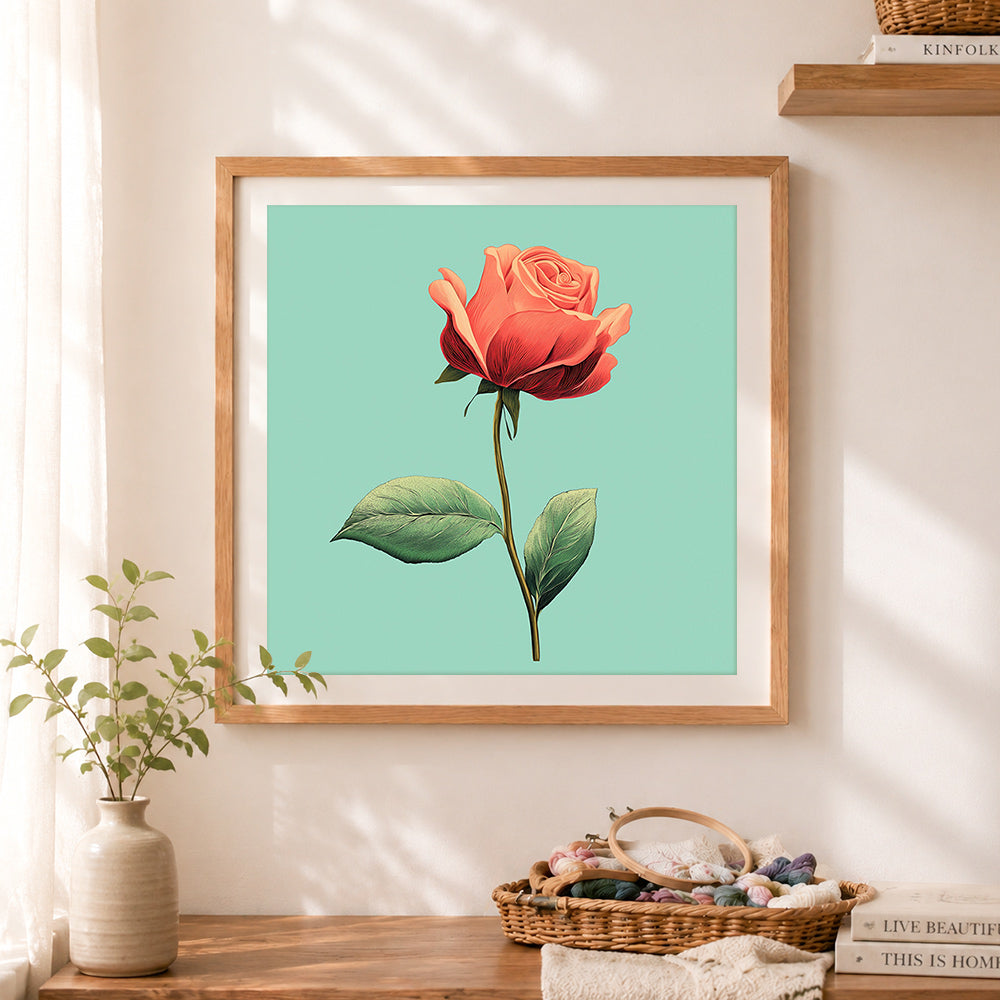 Finished vintage botanical red rose cross stitch artwork displayed as home decor