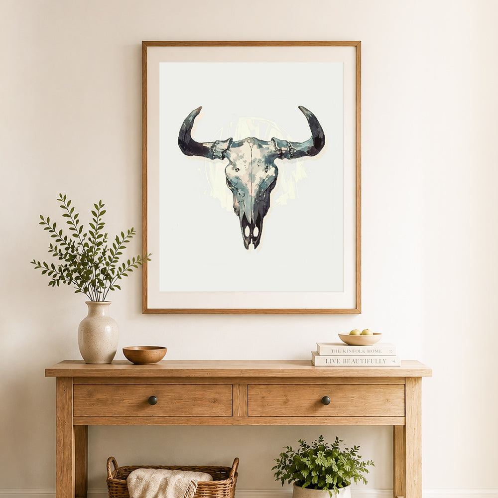 Finished vintage bull skull cross stitch artwork displayed as home decor