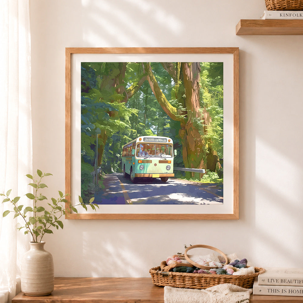 Finished vintage bus in forest paint by numbers artwork displayed as home decor