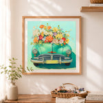 Finished vintage car with wildflowers cross stitch artwork displayed as home decor