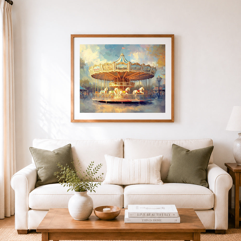 Finished vintage carousel with white horses paint by numbers artwork displayed as home decor