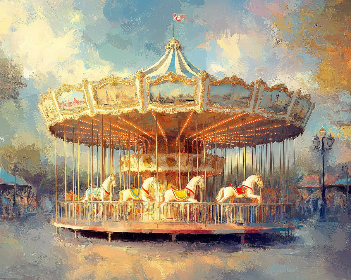 Vintage carousel with white horses paint by numbers kit for beginners