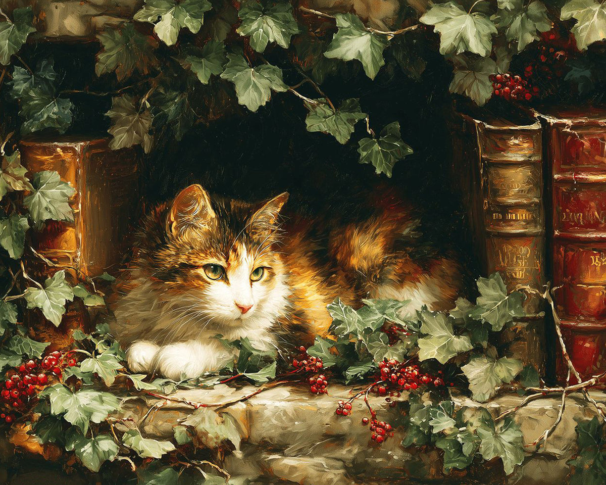 Vintage cat among books cross stitch kit for beginners