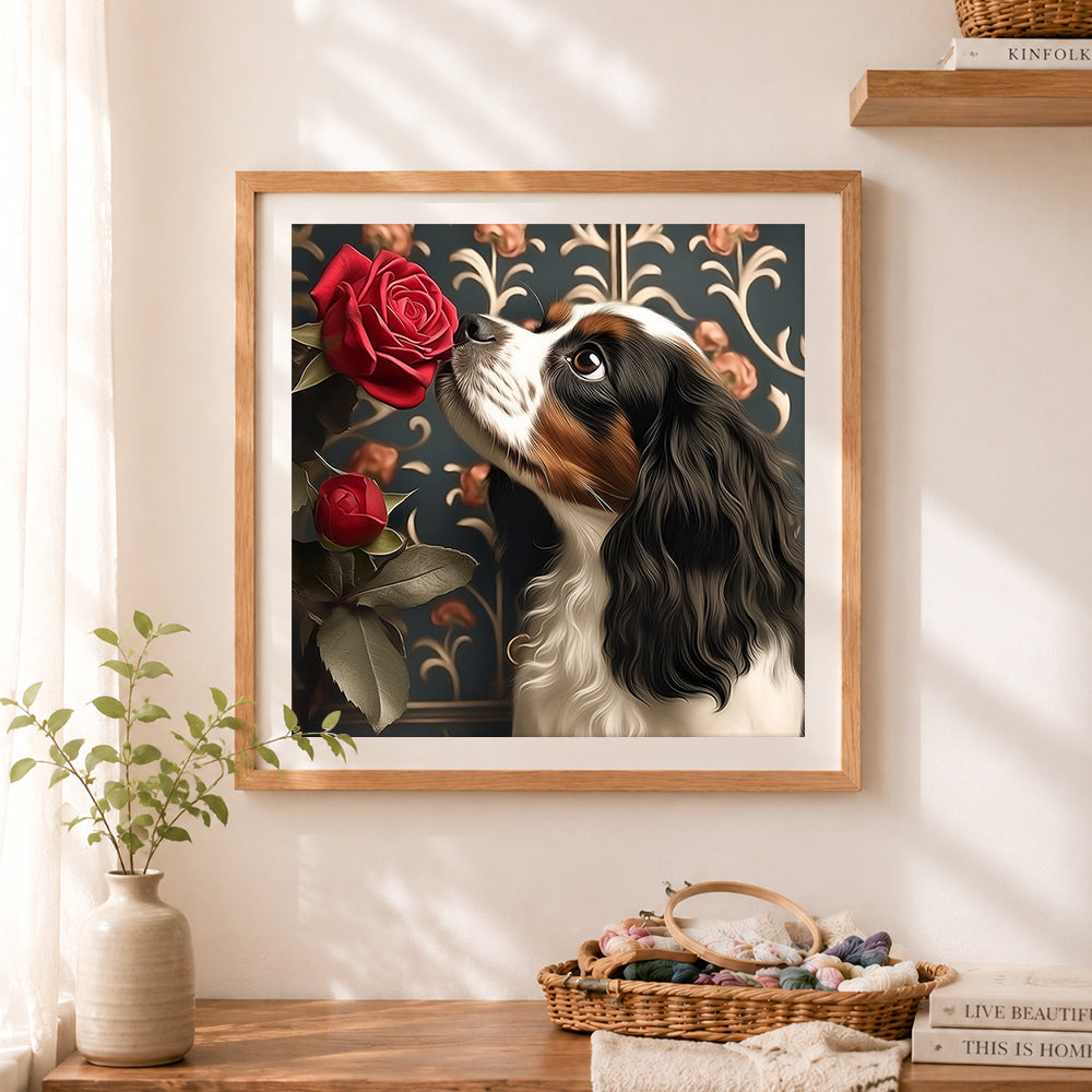 Finished vintage cavalier king charles with red rose cross stitch artwork displayed as home decor