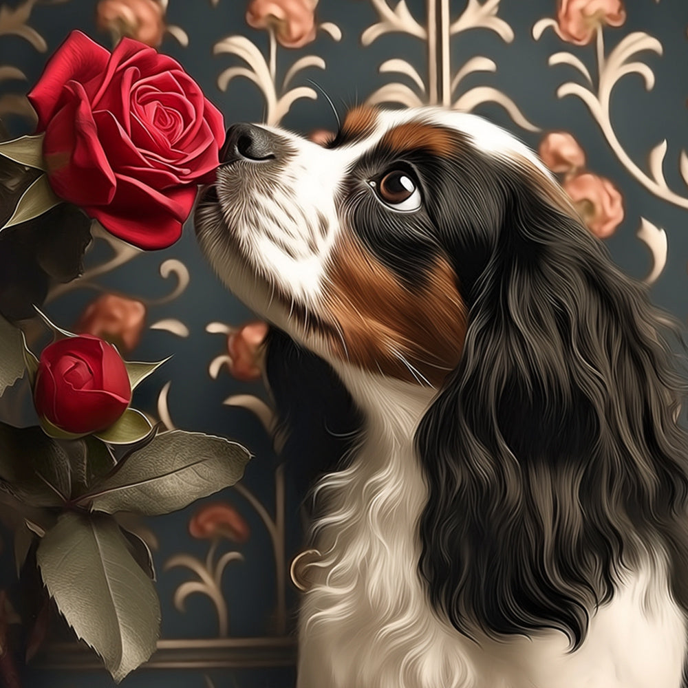 Vintage cavalier king charles with red rose cross stitch kit for beginners