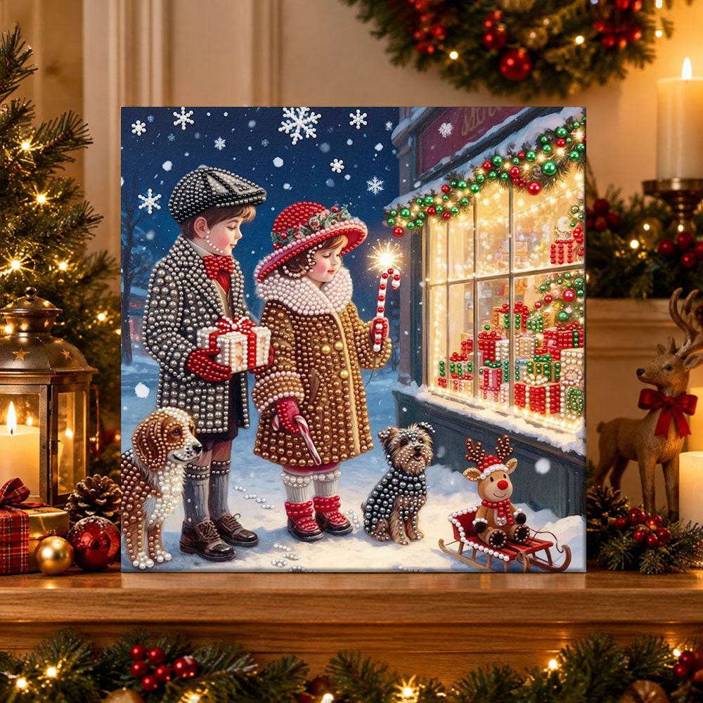 Finished vintage children holiday window pearl diamond painting artwork displayed as holiday home decor