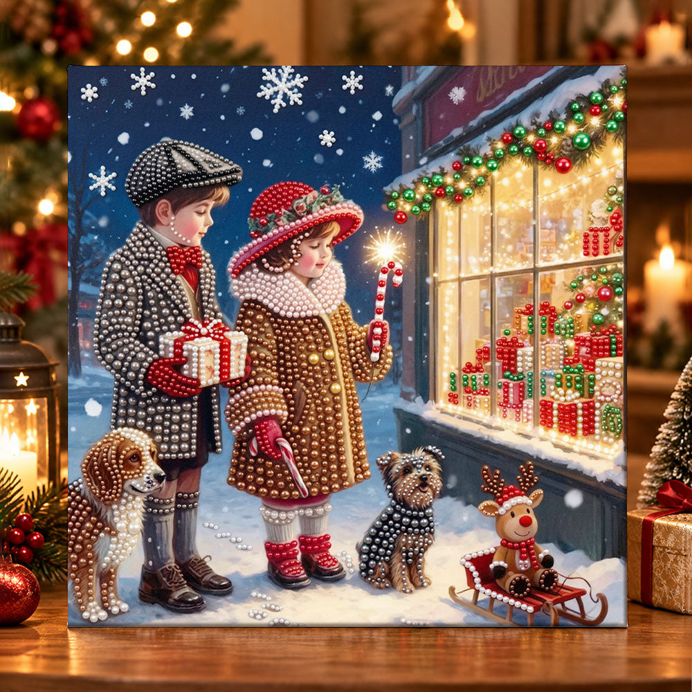 Vintage children holiday window pearl diamond painting kit for beginners