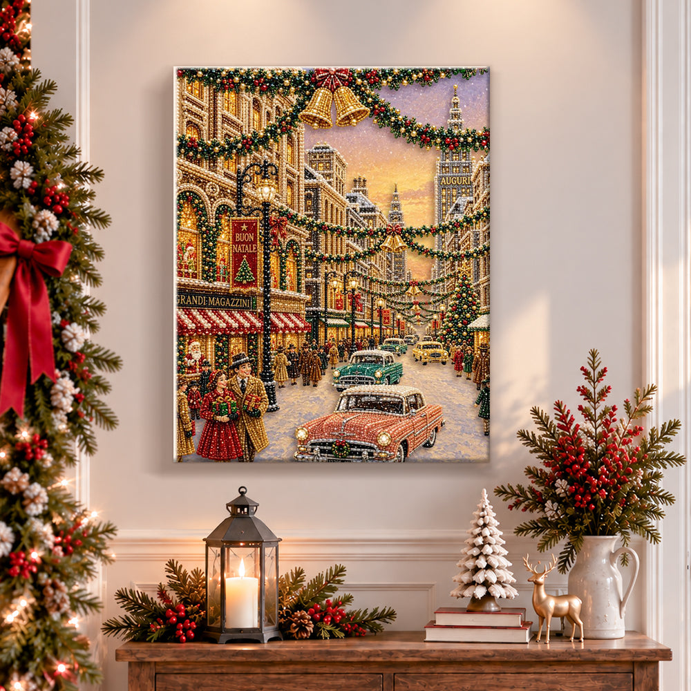 Finished vintage christmas city street pearl diamond painting artwork displayed as holiday home decor