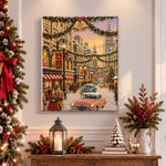 Finished vintage christmas city street pearl diamond painting artwork displayed as holiday home decor