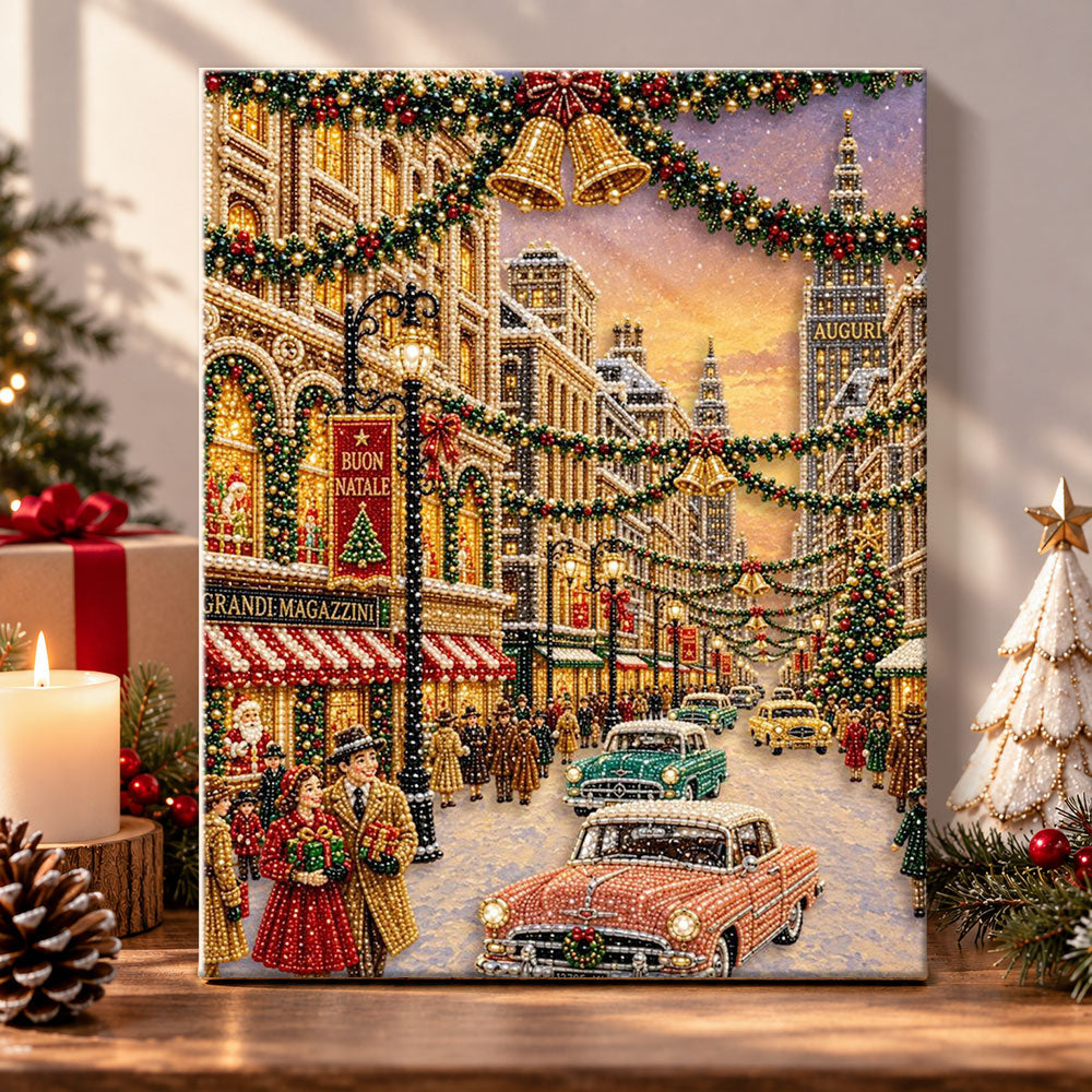 Vintage christmas city street pearl diamond painting kit for beginners