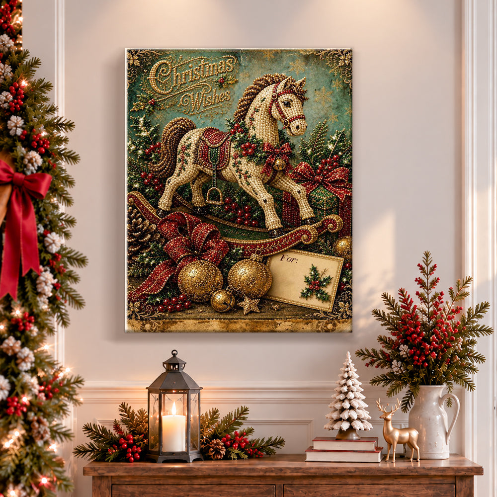 Finished vintage christmas rocking horse pearl diamond painting artwork displayed as holiday home decor