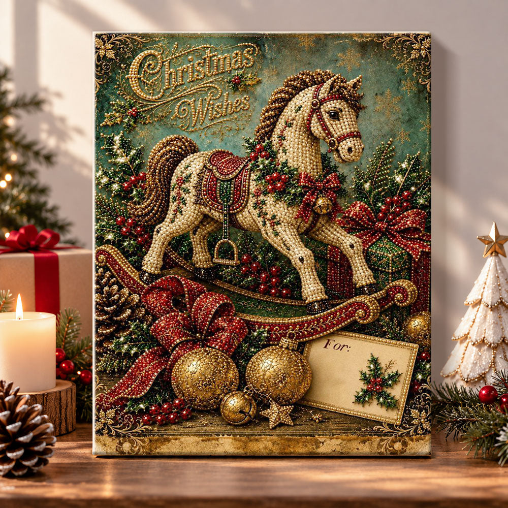 Vintage christmas rocking horse pearl diamond painting kit for beginners
