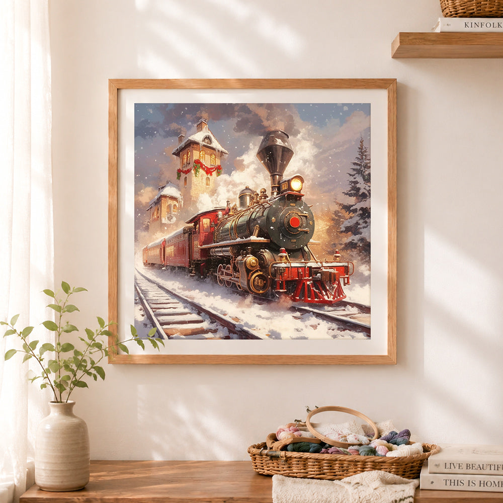 Finished vintage christmas steam train in snow cross stitch artwork displayed as home decor