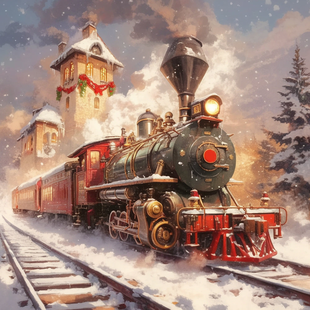 Vintage christmas steam train in snow cross stitch kit for beginners