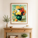 Finished vintage chrysanthemum painting cross stitch artwork displayed as home decor