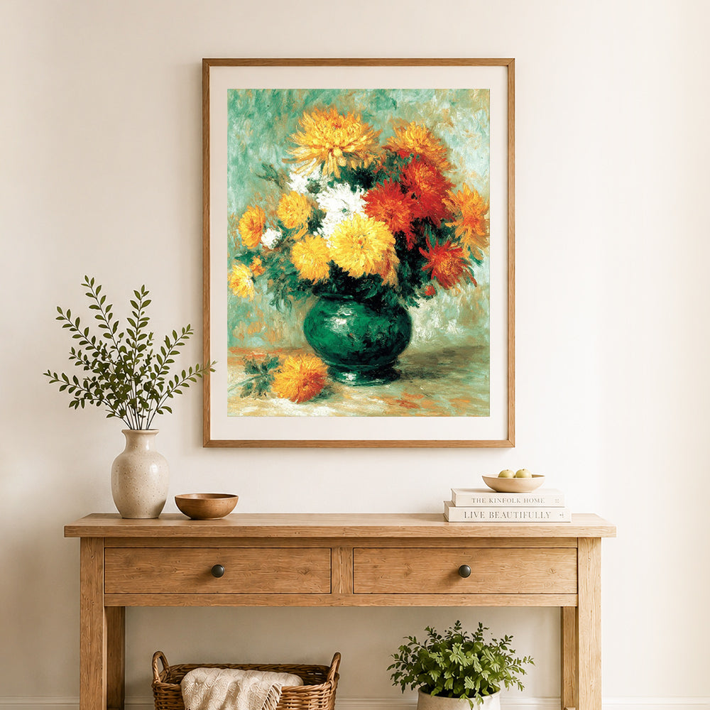 Finished vintage chrysanthemum painting cross stitch artwork displayed as home decor