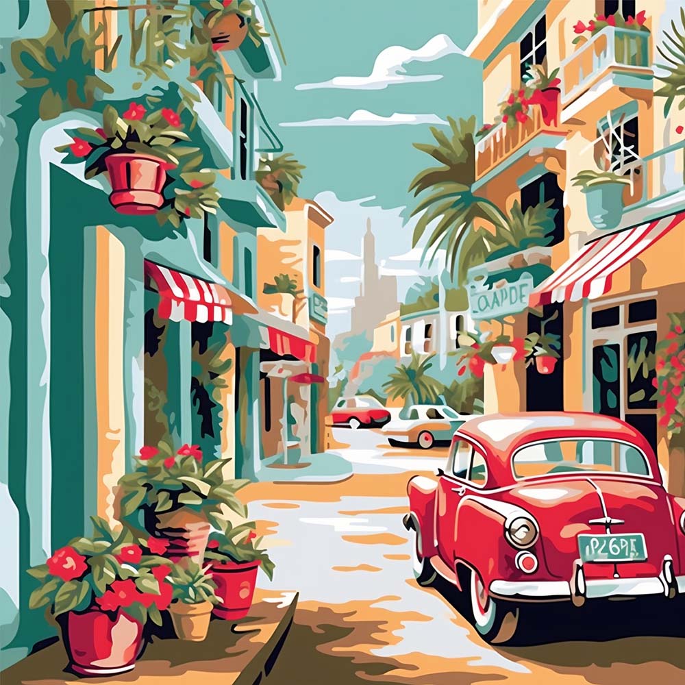 Vintage coastal street with classic car cross stitch kit for beginners