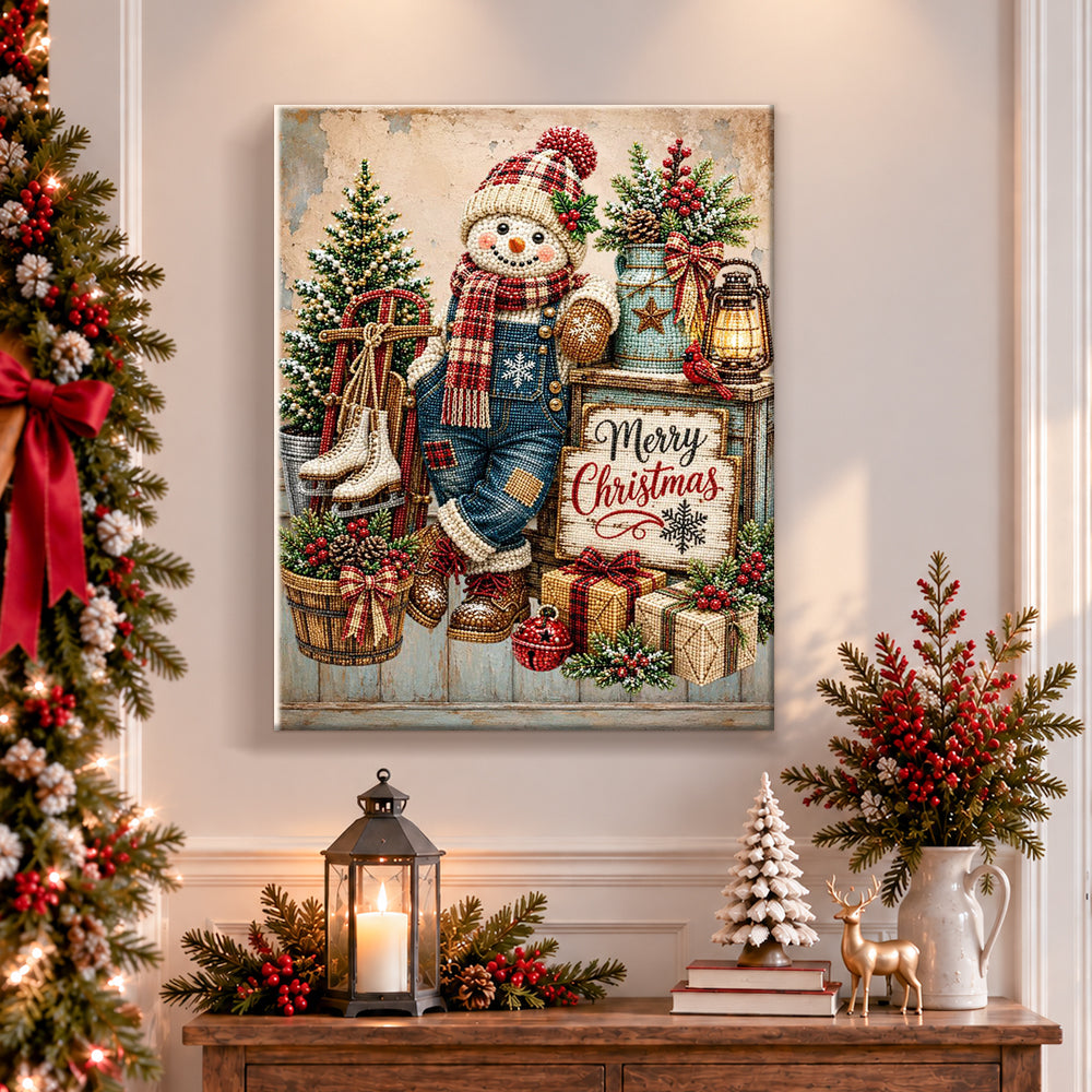 Finished vintage country snowman pearl diamond painting artwork displayed as holiday home decor