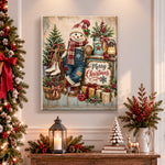 Finished vintage country snowman pearl diamond painting artwork displayed as holiday home decor