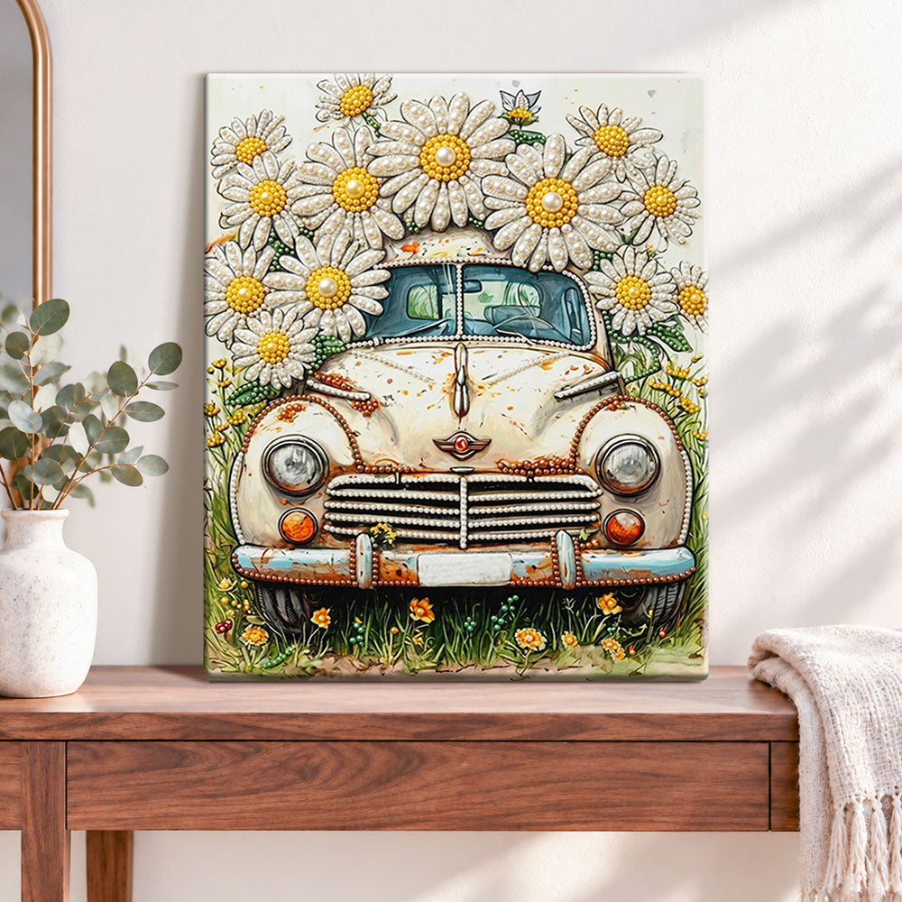Finished vintage daisy truck pearl diamond painting artwork displayed as home decor