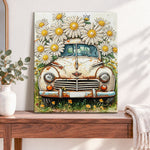 Finished vintage daisy truck pearl diamond painting artwork displayed as home decor
