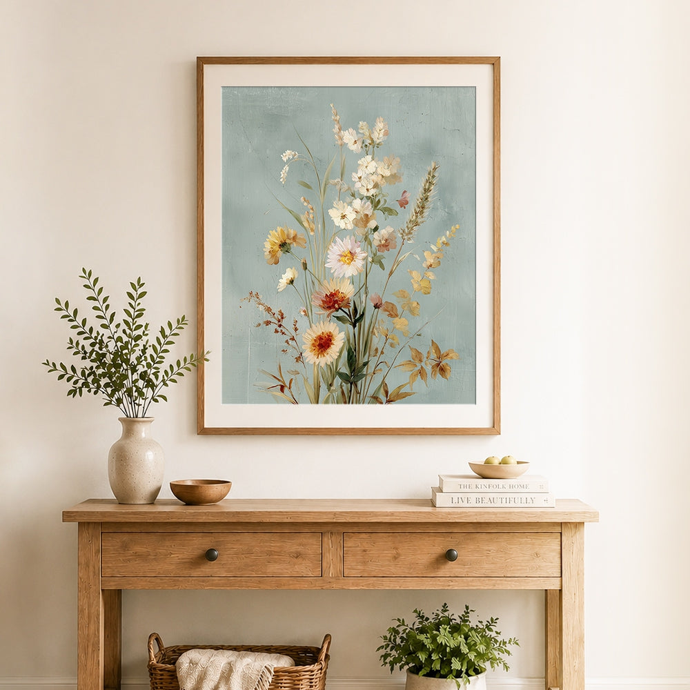 Finished vintage dried wildflower bouquet cross stitch artwork displayed as home decor