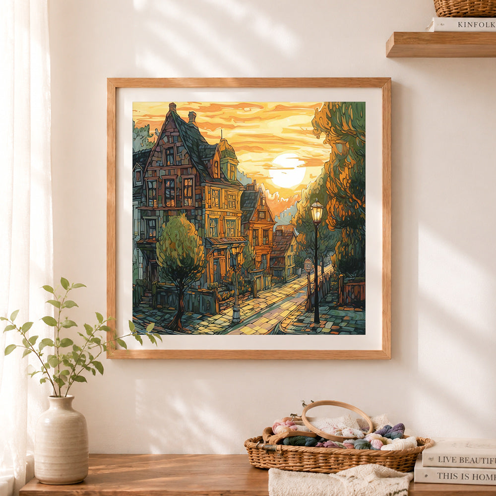 Finished vintage european town cross stitch artwork displayed as home decor