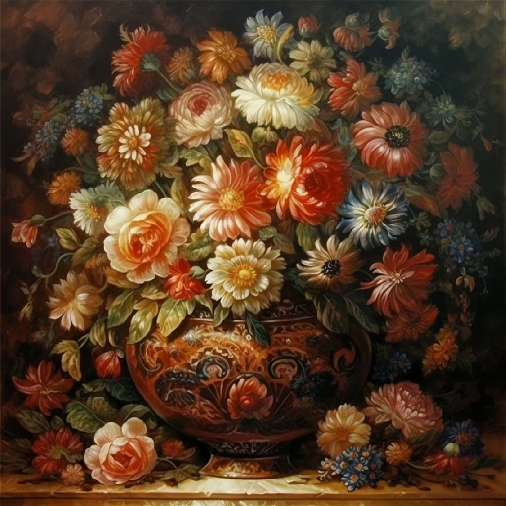 Vintage floral arrangement in ornate vase paint by numbers kit for beginners