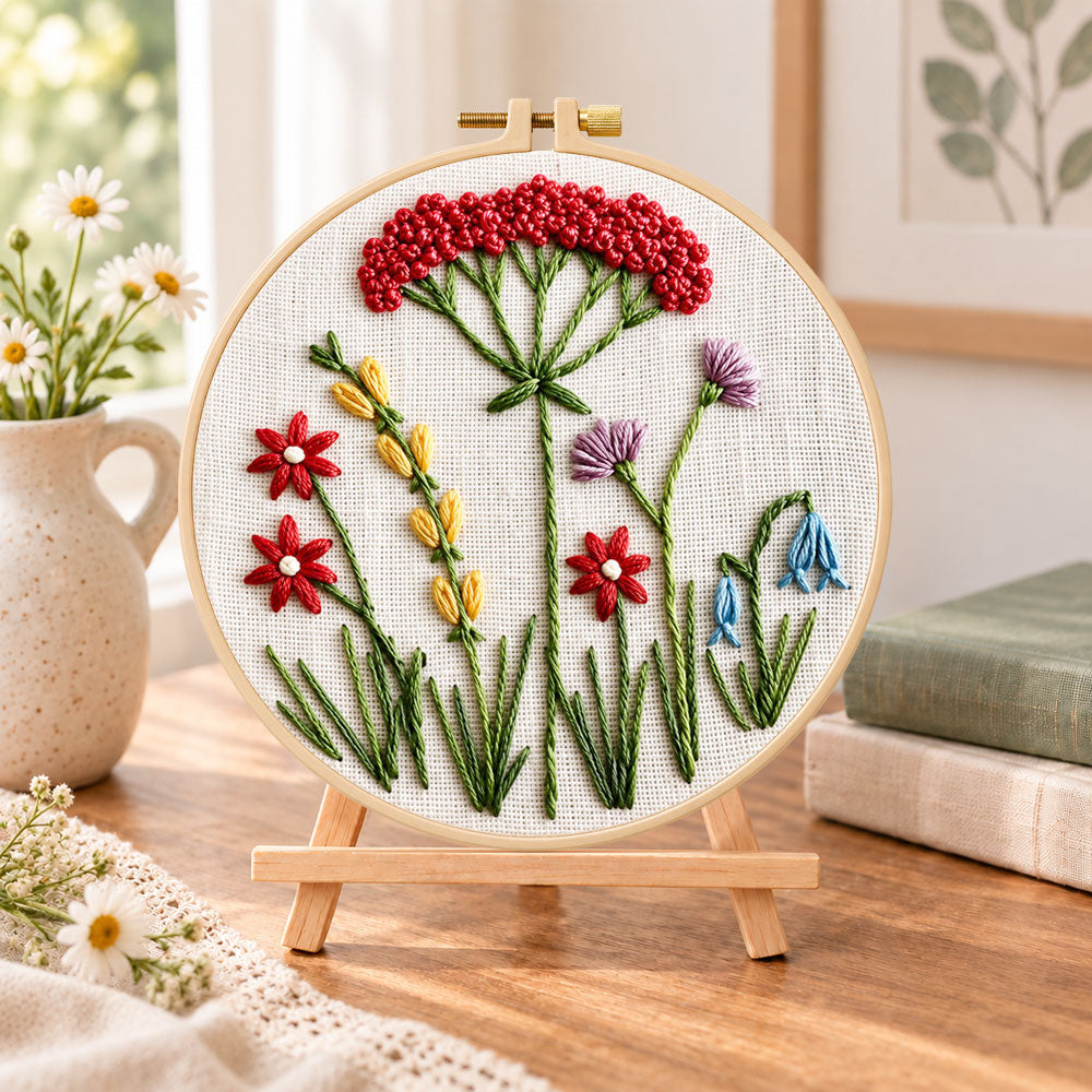 Vintage floral cluster embroidery kit finished hoop displayed on a wooden stand as cozy tabletop decor