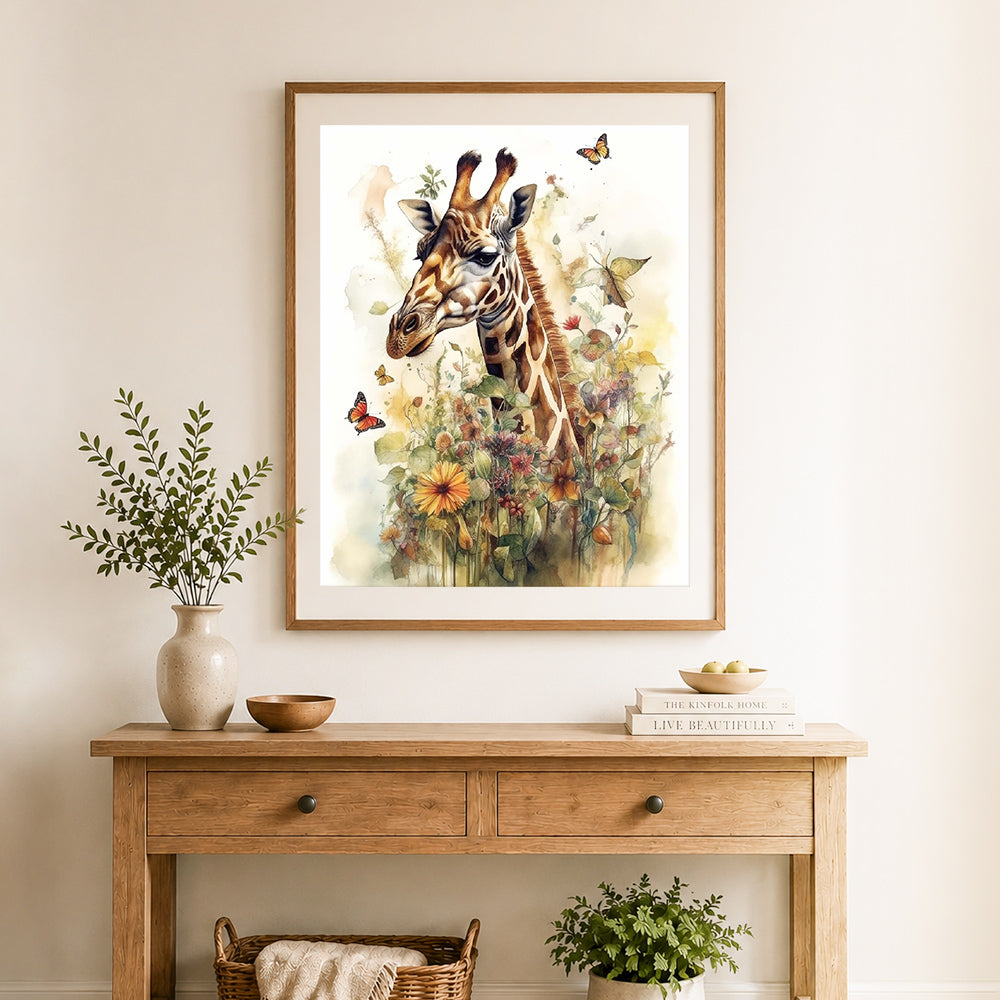 Finished vintage floral giraffe cross stitch artwork displayed as home decor