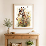 Finished vintage floral giraffe cross stitch artwork displayed as home decor